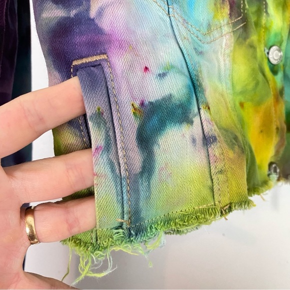 Handmade Tie Dye Jean Jacket Womens Size Medium Cropped Upcycled Colorful Denim - Picture 10 of 13